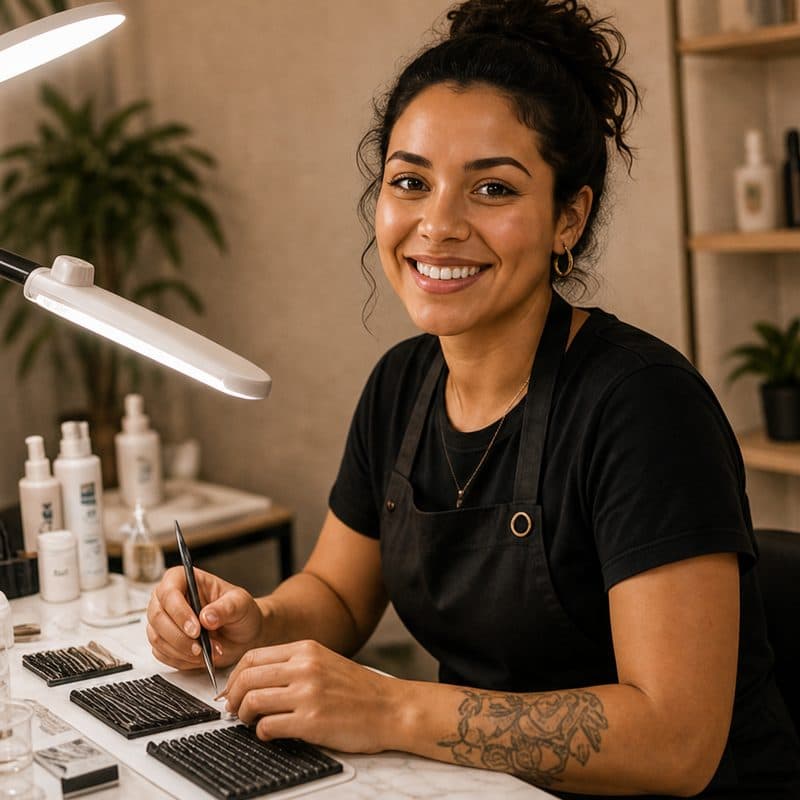 Lash designer sorrindo na bancada, com a pinça e as fileiras de cílios