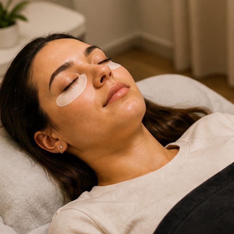 Cliente deitada, relaxando com o protetor nos olhos